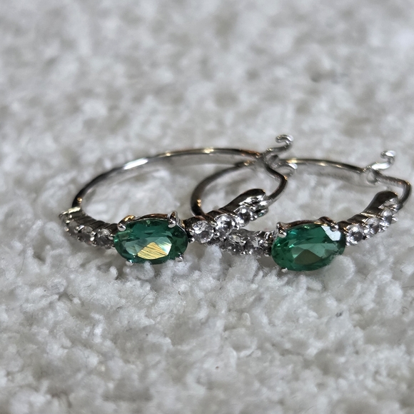 Jewelry - Elegant Sterling Silver and Emerald Hoop Earrings